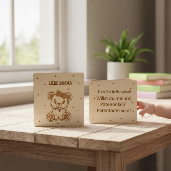 Quadratische Holzkarte aus Birkensperrholz mit herausnehmbarem Tiermotiv und individueller Namensgravur